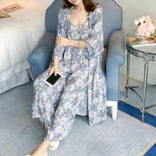 Для женщин леди хлопок пижамный комплект 3 предмета халат/жилет/брюки для девочек свободные хлопковые удобные ромашки цветок п