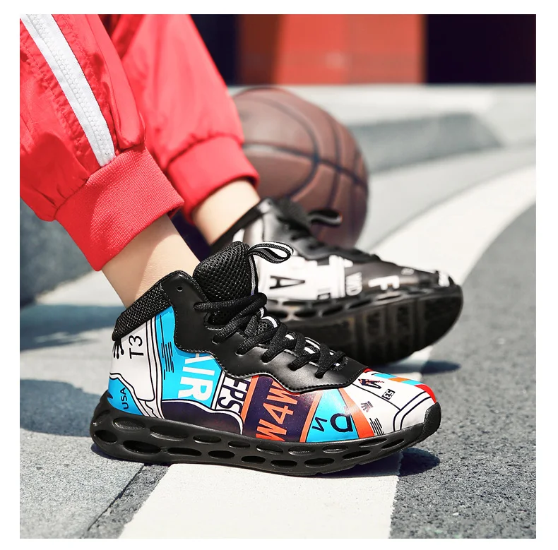 Стиль граффити Печать дизайн Баскетбольная обувь для подростков Дети Мальчики Спортивная обувь для детей уличные кроссовки