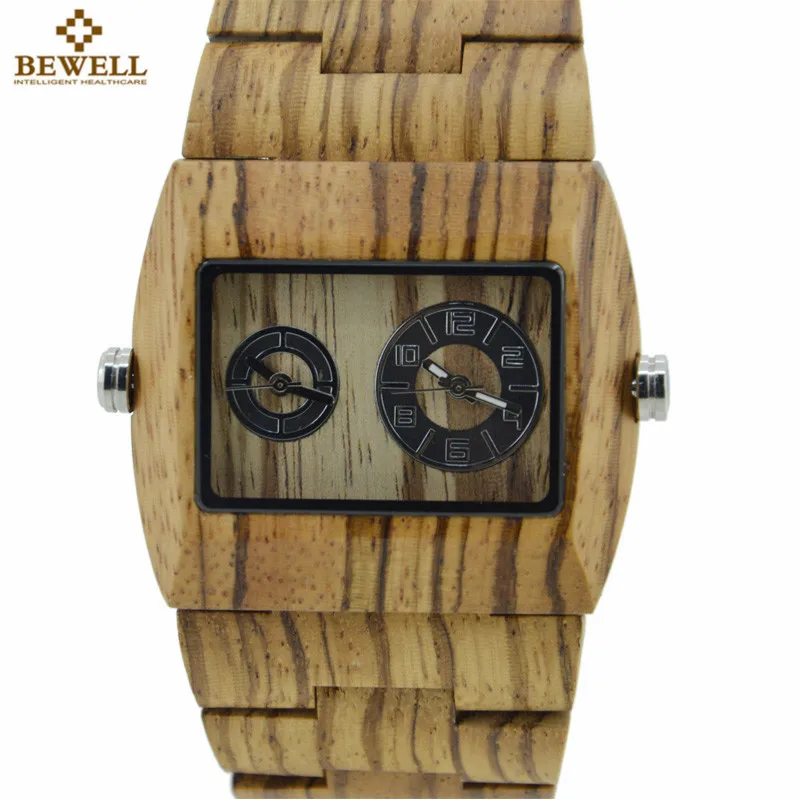 

BEWELL Natural Wood Watch Men Quartz Watches Dual Time Zone Wooden Wristwatch Rectangle Dial Relogio LED Digital Watch Box 021C
