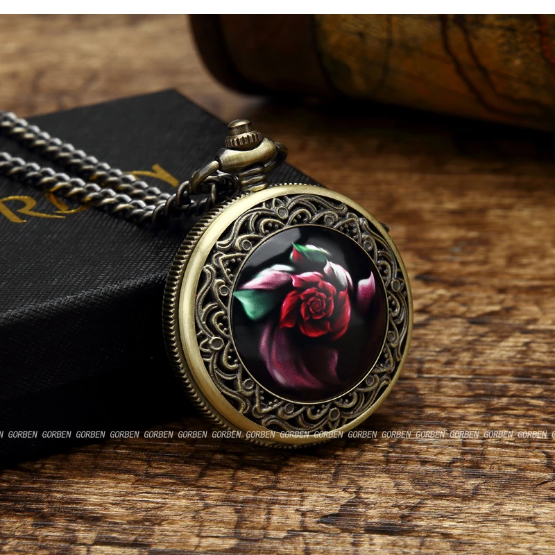 Новая мода gorben бронза красный красивая роза цветы кварцевые карманные часы с FOB цепи часы Для мужчин Для женщин Подарки Reloj De bolsillo