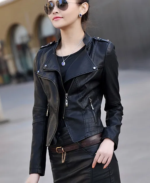 Motorcycle leather jacket women jackets short slim women's leather ...