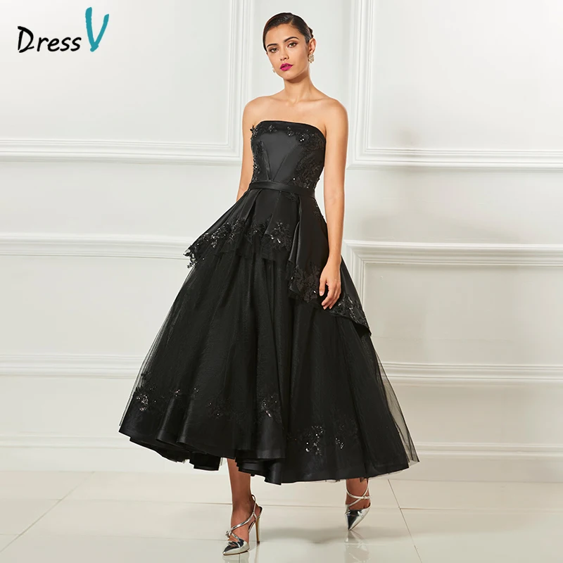 Dressv черное коктейльное платье без бретелек элегантное с аппликацией рукавов