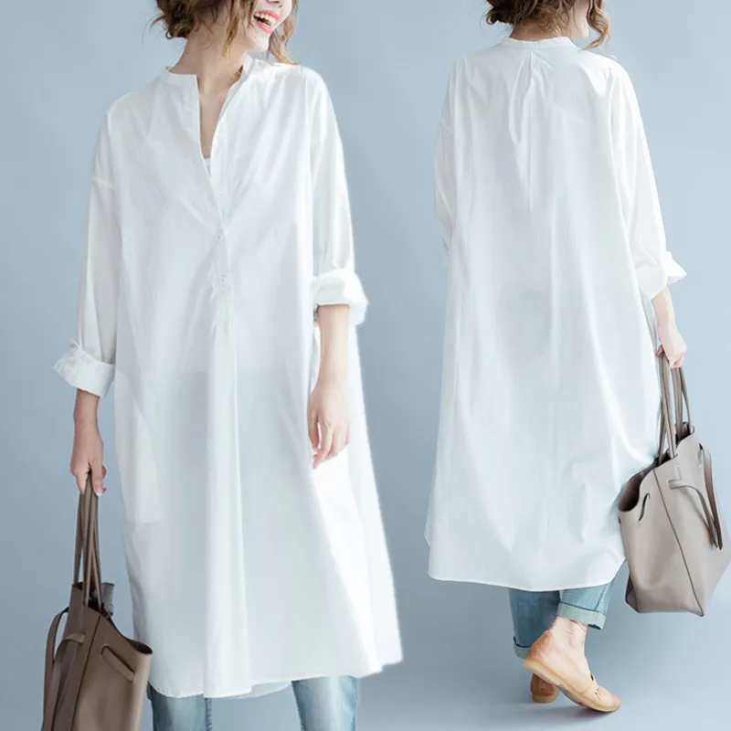 

BIG SIZE 4XL Spring Fall Women European Fashion Cotton Button Solid Tops Lady Female Plus Large Casual Long Split T shirt Dress