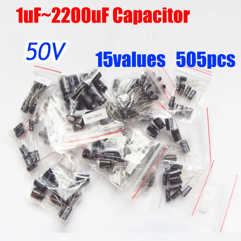 

Free Shipping 15values total 505pcs 50V Aluminum Electrolytic Capacitor Assortment Kit 1uF -2200uF