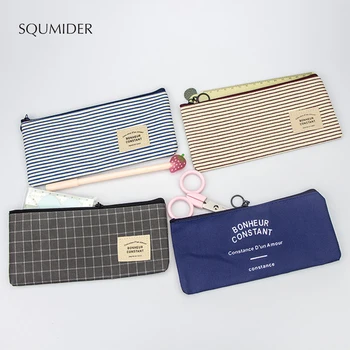 

SQUMIDER 4 Patterns Korean Fashion Simple Lovely Stripe Pen Bag Canvas Creative Pencil Bag Student Stationery Holder