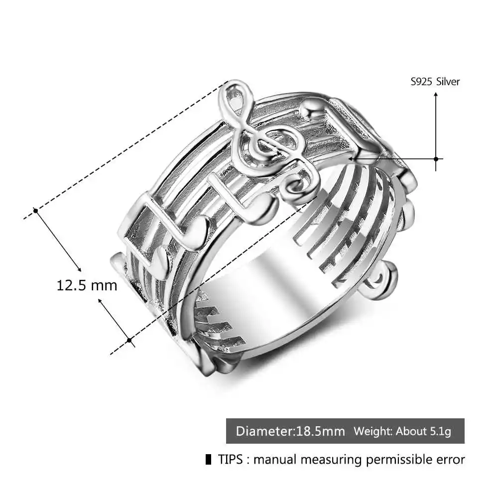 New 925 Sterling Sliver Rings for Women with Musical Note Pattern Music Lover's Band Ring Fashion Jewelry Gift JewelOra RI102767