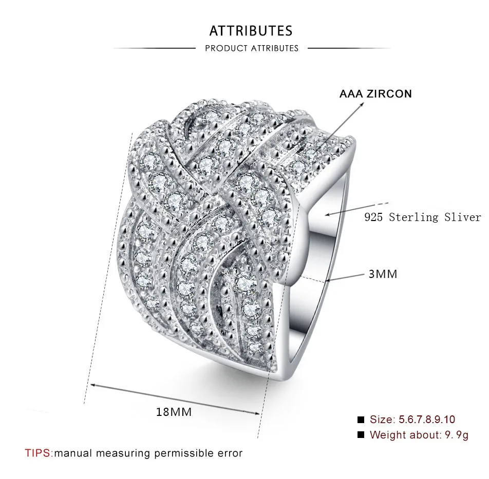 Модное волнистое заводное дизайнерское Настоящее 5А микропроложенное кристаллическое циркониевое кольцо из серебра 925 пробы для помолвки для женщин, роскошные ювелирные изделия
