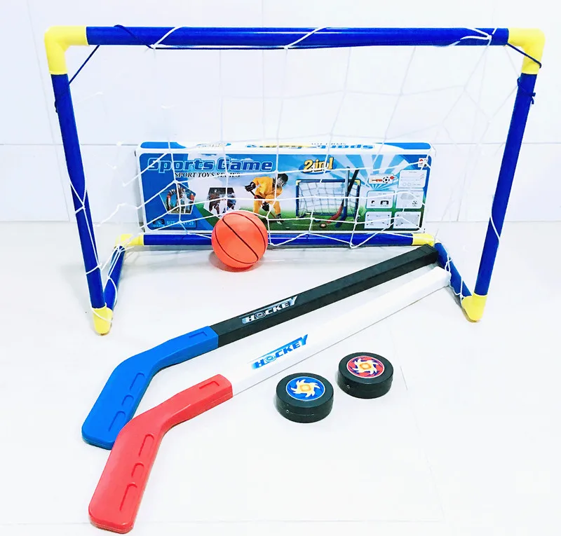 Koop 6 stks set Kids Kind Ijshockey Stok Training Gereedschap Plastic 2 xSticks 2 xBall 1 voetbal 1 doel Sport Speelgoed voor minder 10 jaar 062201