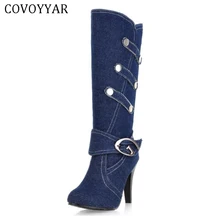 COVOYYAR/; винтажные джинсовые женские сапоги до колена; высокие сапоги на шпильках на тонком высоком каблуке; джинсовая обувь; сезон осень-зима; большие размеры; WBS411