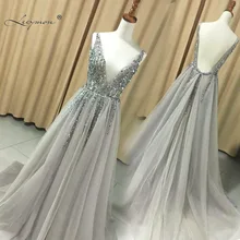 New V neck Grey Sparkly Vestido de Festa Open Back Evening Gowns 2017 Elegant Sexy See Through High Split Evening Dress