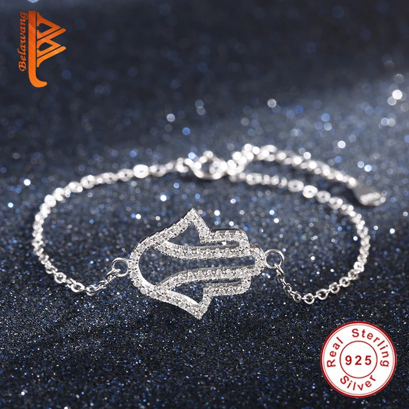 

100% 925 Sterling Silver Link Chain Bracelet Crystal Palm Hamsa Hand Charms Bracelet for Women Original Pulserias Mujer Jewelry