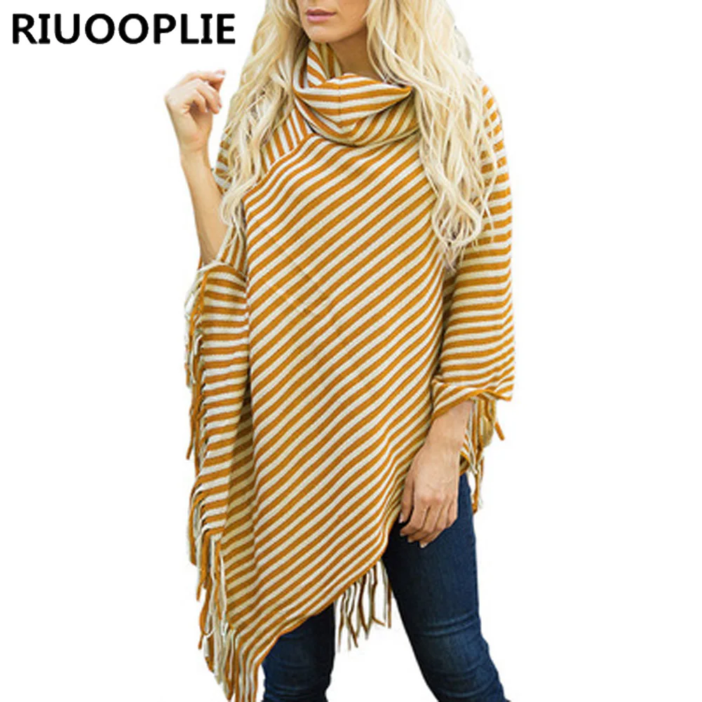 RIUOOPLIE/Женские полосатые несимметричные кисточки с длинными рукавами и высоким воротником, трикотажный свитер-накидка - Цвет: Цвет: желтый