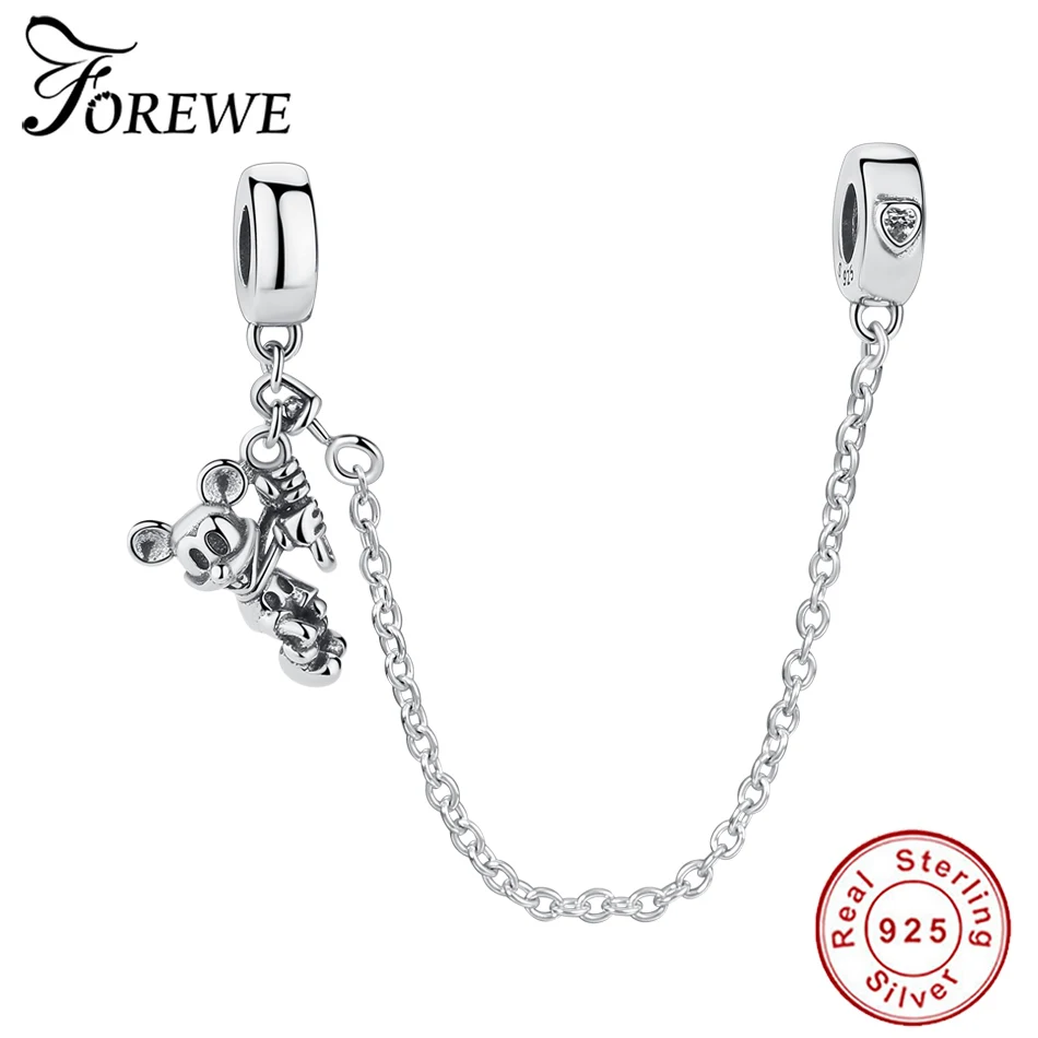 

Forewe Real 100% 925 Sterling Silver Cartoon Mickey Lovely Safety Chain Beads fit Bracelet DIY Jewelry Valentine Day Gift