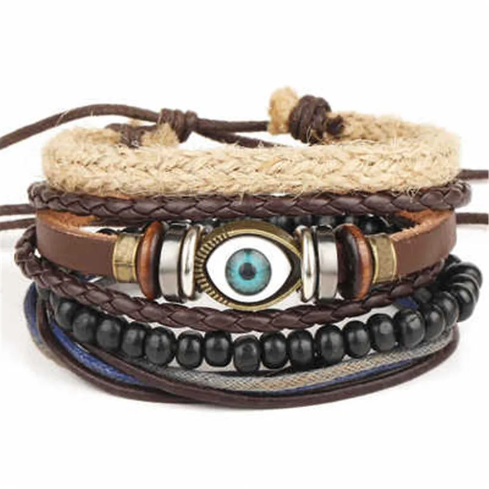 

Boho Jewelry Bracelets Tibet Stone Feather Leather Bracelet Eye Fish Charms Beads Bracelets for Men Vintage Punk Wrap Wristband