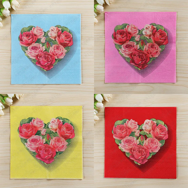 

Vintage red rose Napkin paper tissue pink blue yellow printed decoupage wedding serviette birthday party decor cafe drinking mat