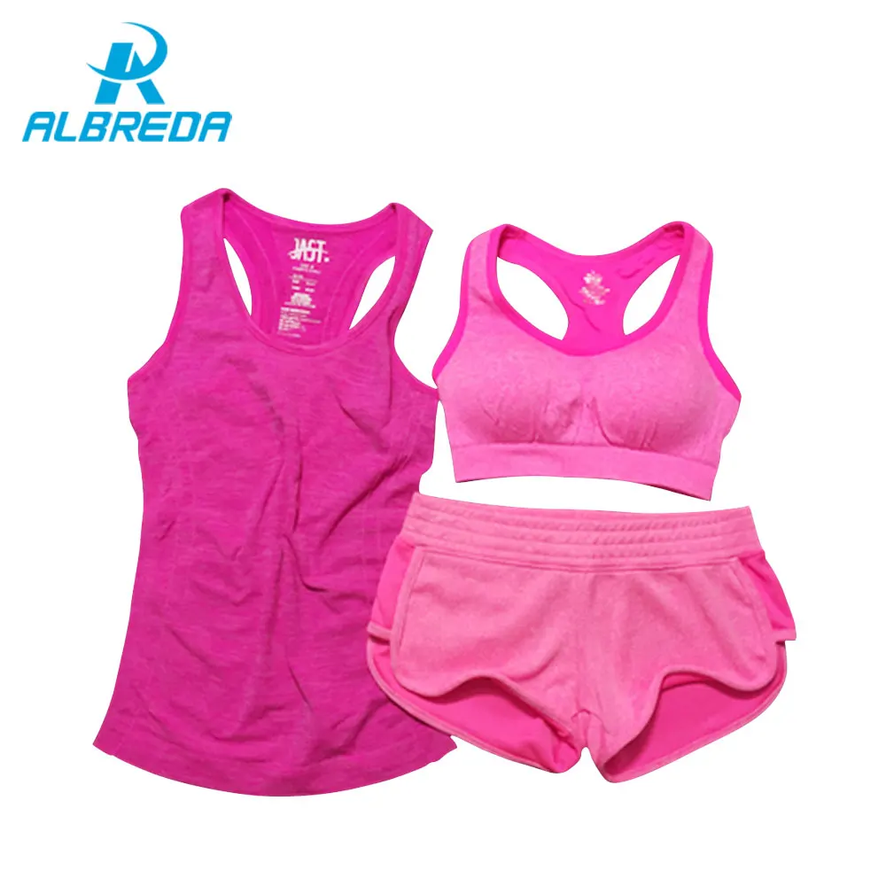 ALBREDA Summer Women Yoga Sport Suit 3 Piece Bra vest Shorts Sets