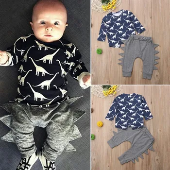 

Newest Kids Baby Boys Clothes Set Dinosaur Print Tops Dark Blue T-shirt Tops+Long Pants Newborn Bebe Clothing Set