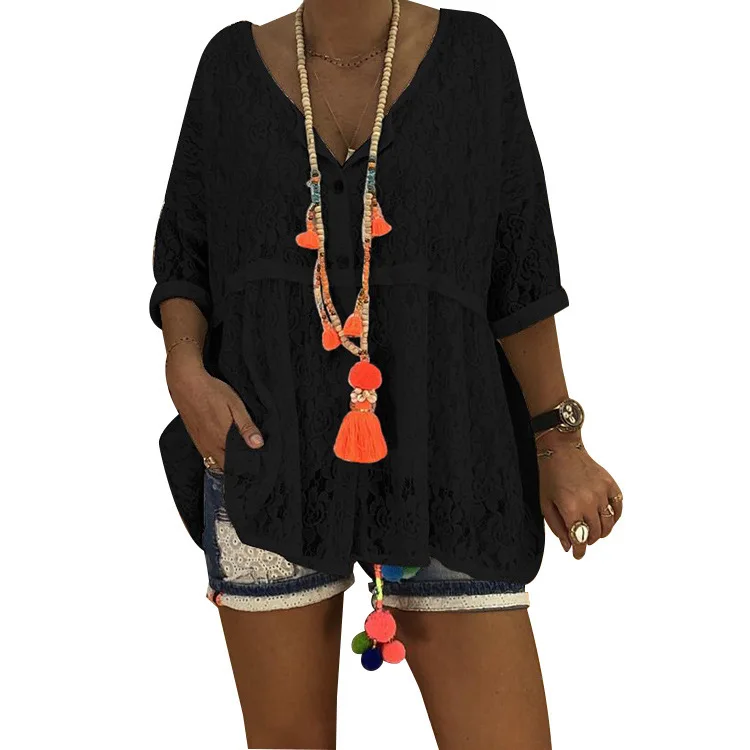 

2019 spring solid color large V-neck lace shirt S-5XL