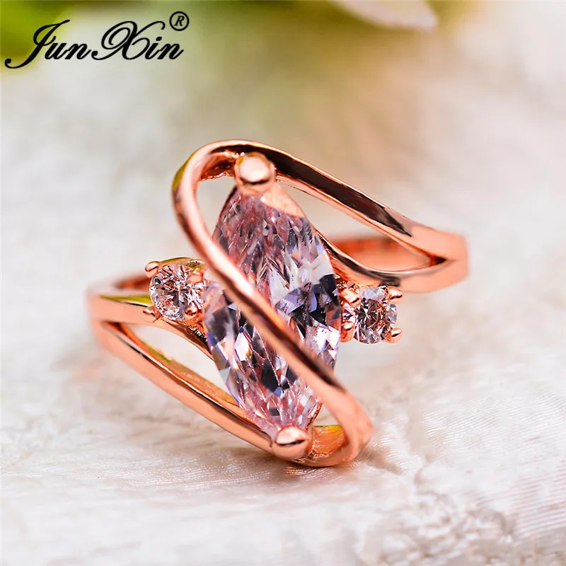 JUNXIN Marquise Cut Crystal Horse Eye Rings For Women Rose Gold Ring Big White Zircon Stone Wedding Band Engagement Ring Jewelry