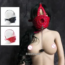 Black and Red Soft Leather Bondage Mask Push button Mouth Gag with Rivet and Buckle Sex