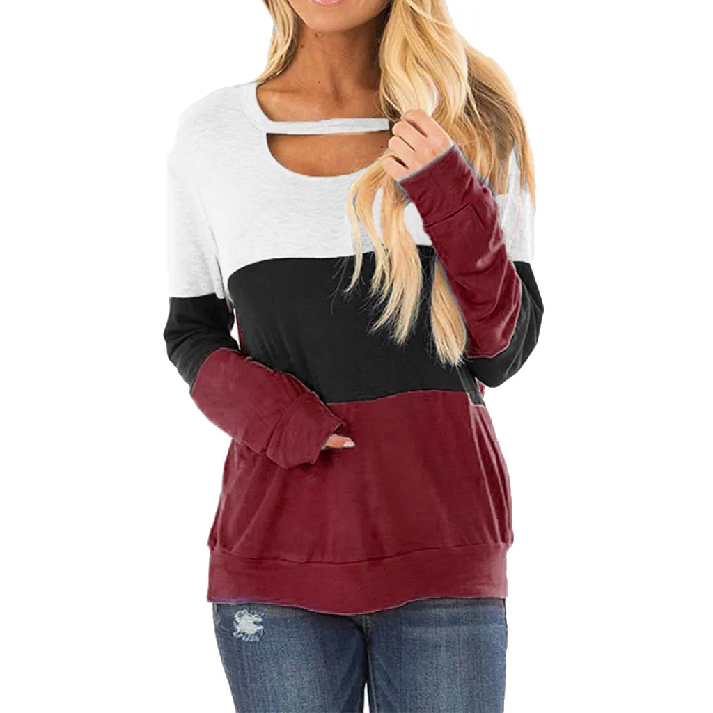 

Women Long Sleeves Color Patchwork Tunic Tees Choker Neck Casual Blouse Tops