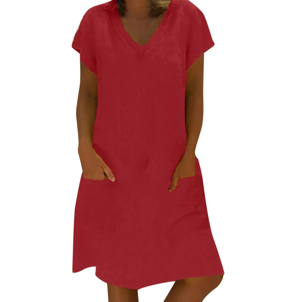 

JAYCOSIN 2019 Summer Women V Neck Short Sleeve Pockets Loose Solid Shirt Vestido Casual Elegant Work Dress Plus Size dropship