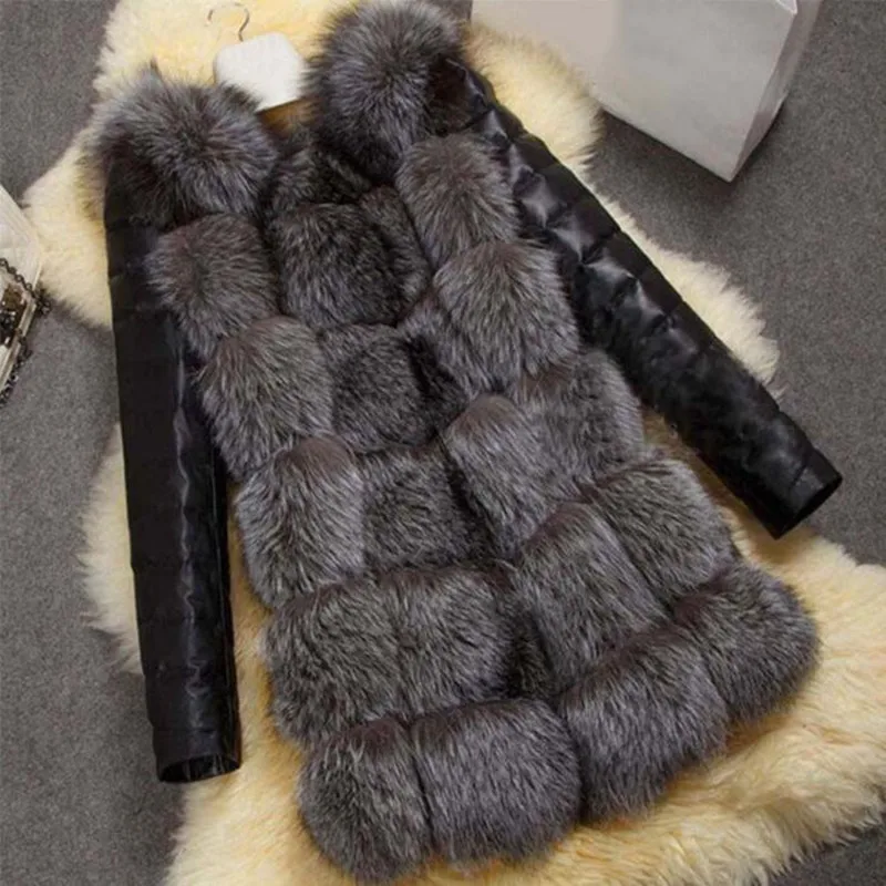 Зимнее женское пальто из искусственной кожи с искусственным лисьим мехом, куртка с длинным рукавом, теплая верхняя одежда