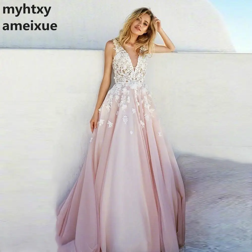 

Cheap Pink Wedding Dress 2018 Sodigne Lace Appliques Romantic Beach Bridal Gown V-neck Vestidos De Novia Abiti Da Sposa