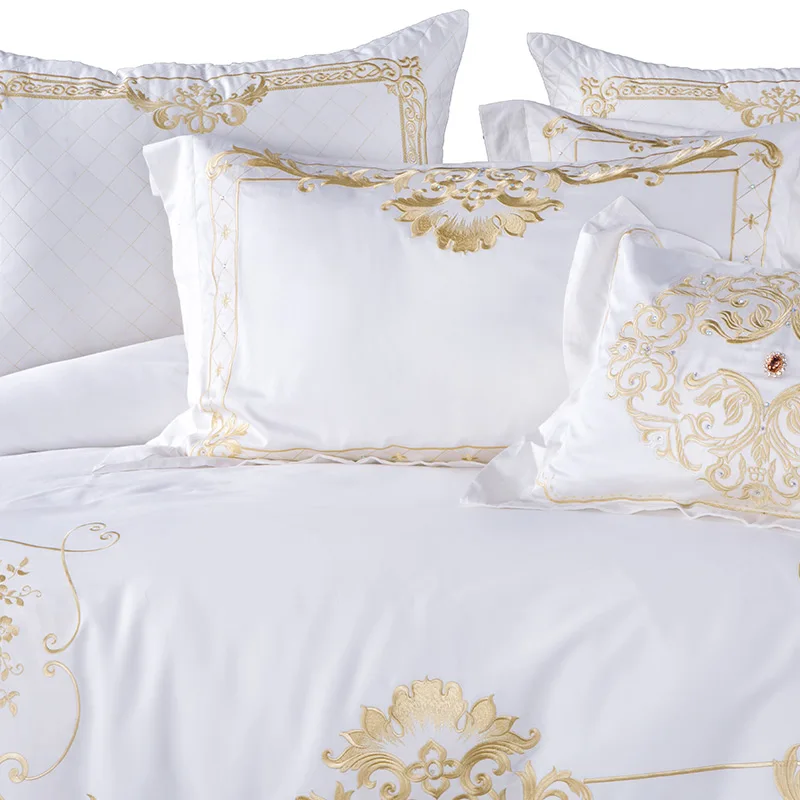 Egyptian Cotton Golden Embroidery King Queen Size Bedding Set