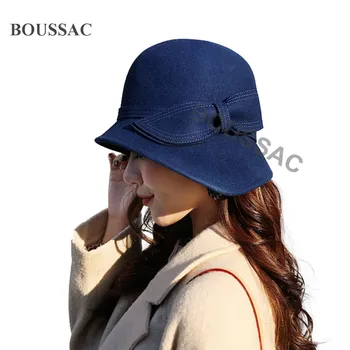 

Elegant Ladies Bowknot Wool Felt Bowler Black Fedora Hats For Women Wide Brim Vintage Floppy Winter Church Cloche Hats KNAH39