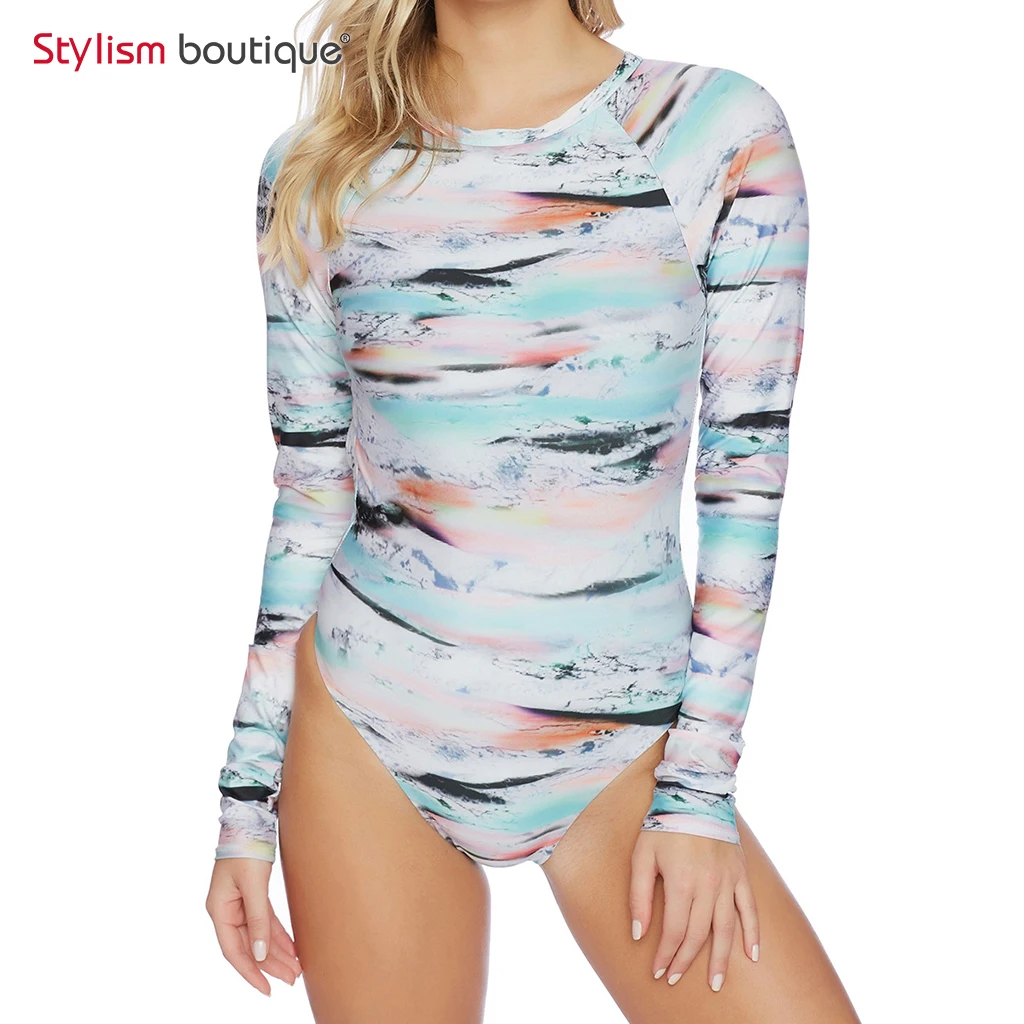 

2018 NEW One Pieces Swimsuit Rash Guard Long Sleeves Swimwear High Neck Rashguards Printed Surf Clothes Bodysuit Bathing Suit