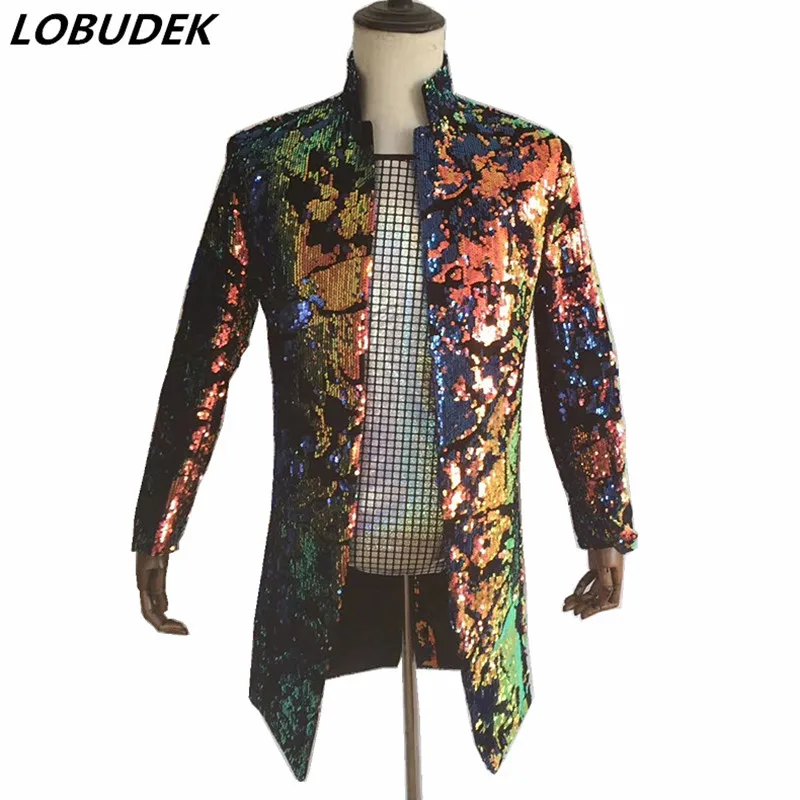 

Colorful Reflective Sequins Jacket Tide Male Long Sequined Coat Blazers Nightclub DJ Singer Stage Outfit Host Concert Costume