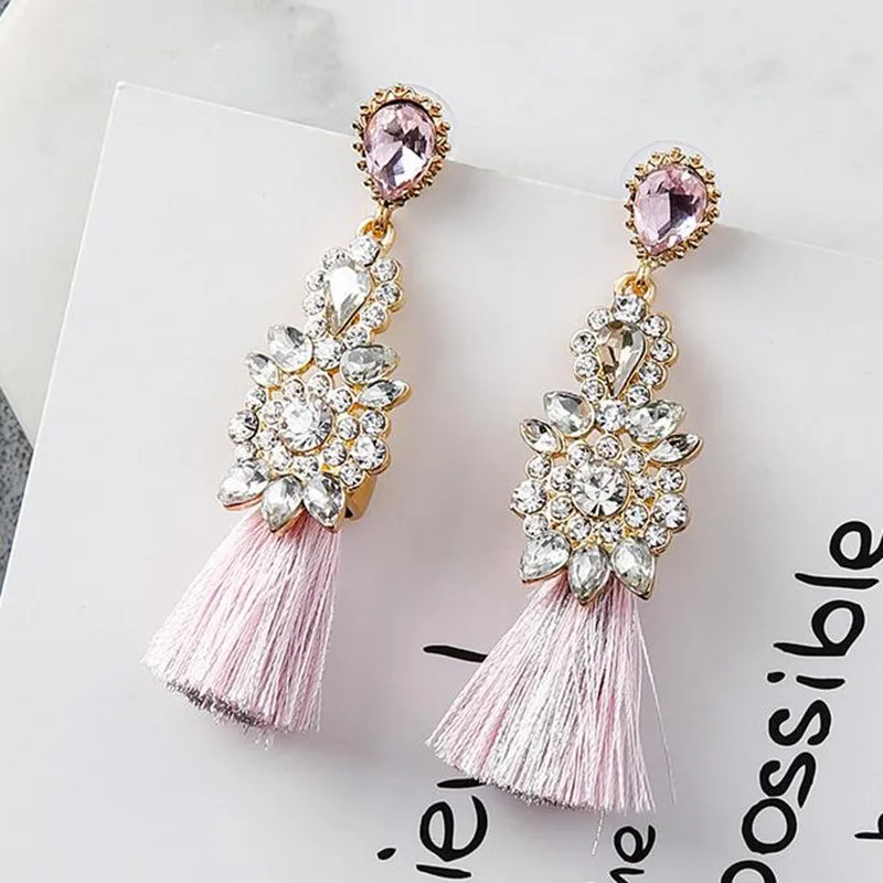 AE-CANFLY Full Rhinestone Long Thread Tassel Earrings Temperament oorbellen Big Statement Earring Fashion Jewelry EX551 - Окраска металла: PINK