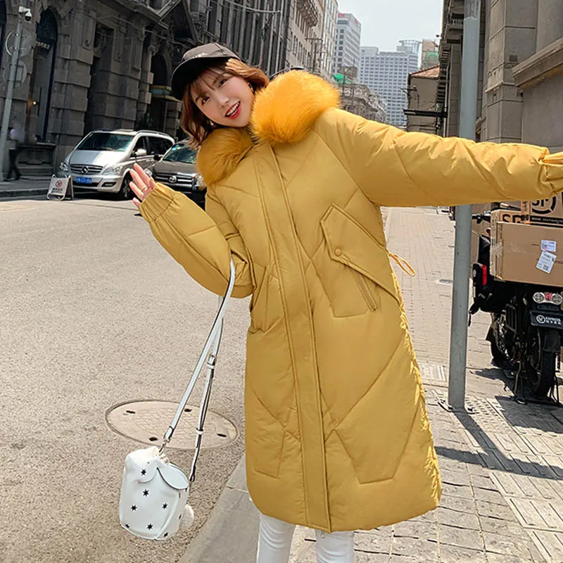 Новое поступление, зимняя куртка для женщин, корейский стиль, с капюшоном, с искусственным мехом, женское длинное пальто, теплая утепленная Дамская парка, верхняя одежда - Color: Yellow