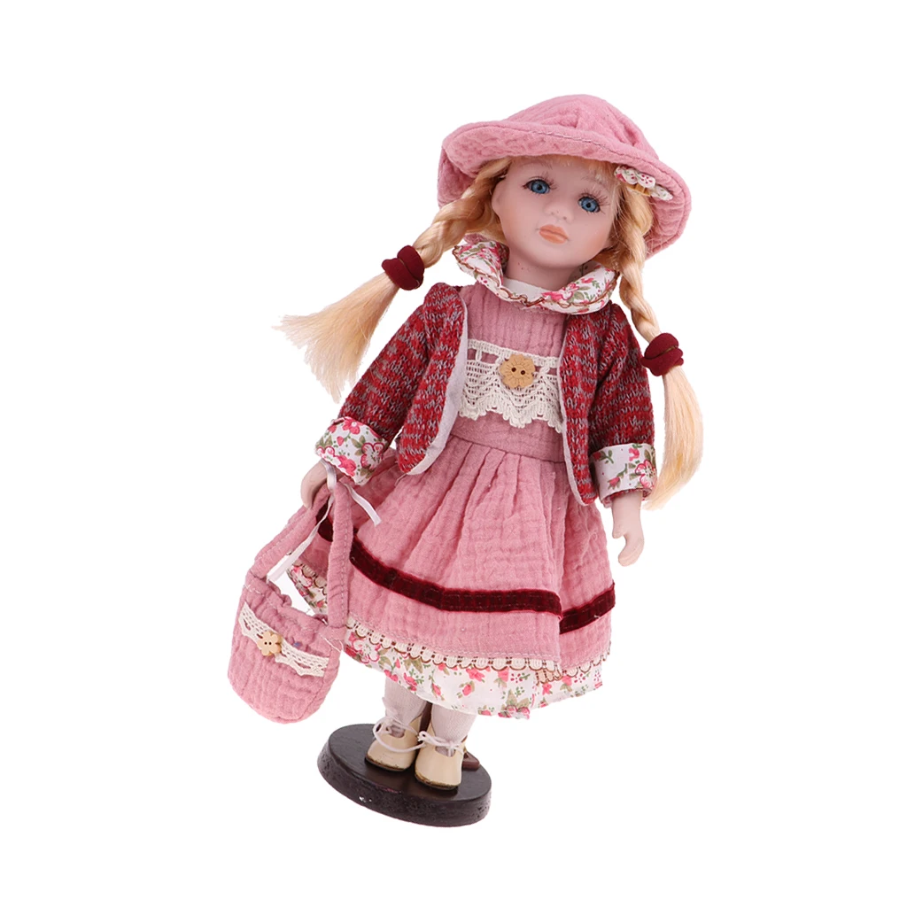 30cm Lovely Porcelain Girl Doll with Clothes Pink & Stand Home Display Decor Gift Porcelain Baby Figurines Dolls Collectible