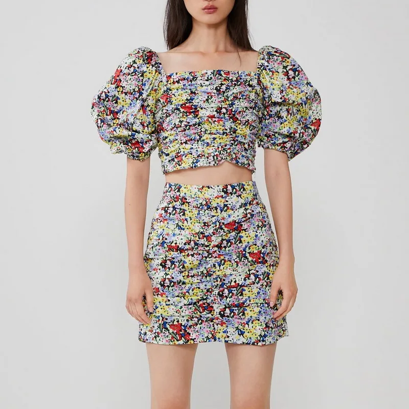 

Women Sets Summer 2019 New Fashion Floral Prints Puff Sleeve Blouse Shirts and A-Line Mini Skirts Modern Lady 2 Pieces Set