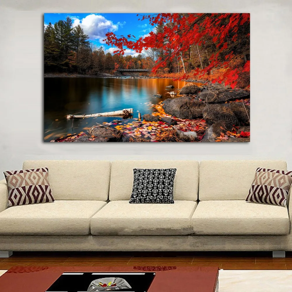 JQHYART Printing Oil Painting foliage lake forest leaves Wall Art Canvas Print Pictures For Living Room And Bedroom No Frame | Дом и сад