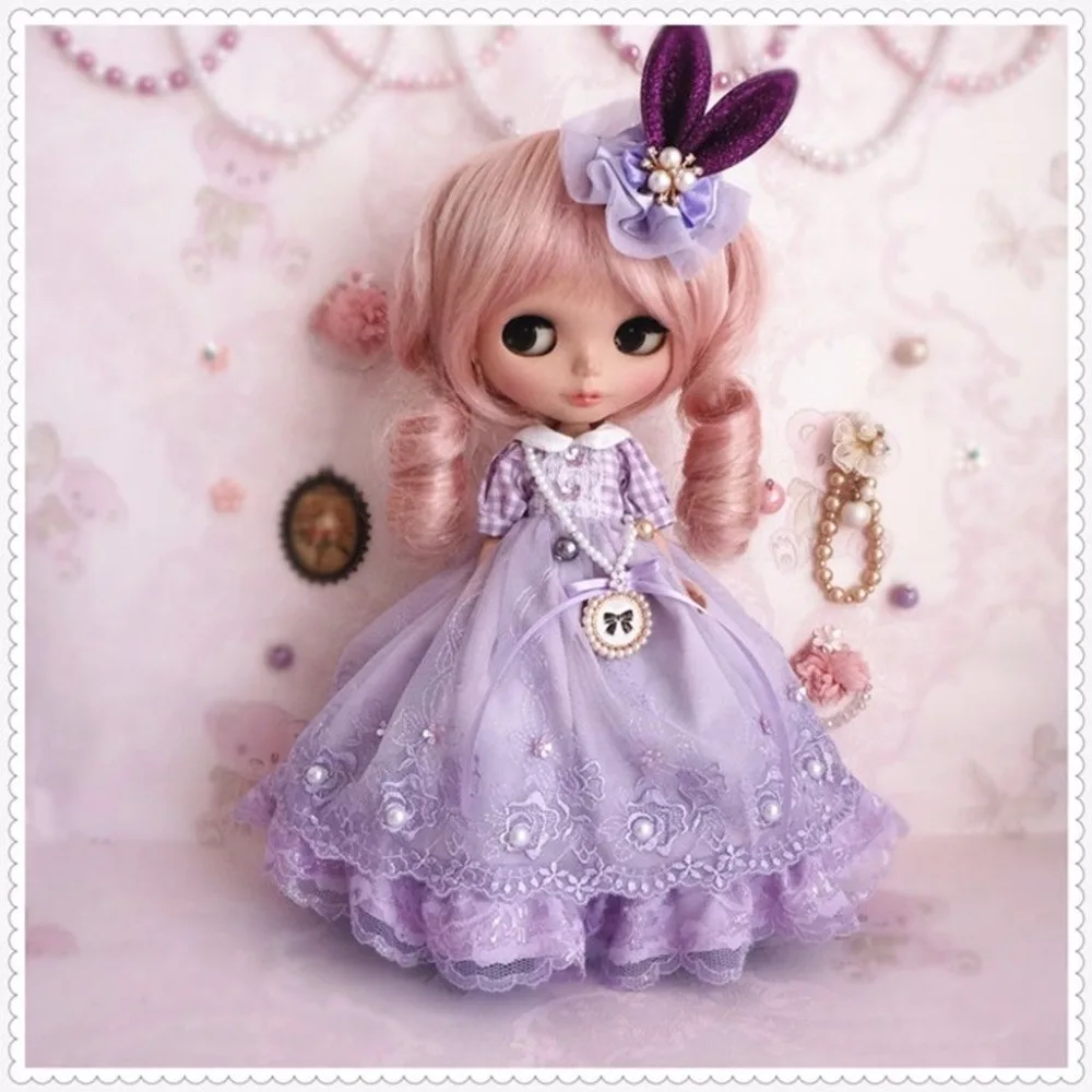 

Handmade Purple Doll Blyth Long Lace Dress 4pcs