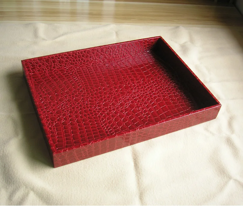 

Stylish Wood Serving Tea Tray Rectangular PU leather covered Wood Plates Dinner Snack Tray Home Organizer Hotel Suppliers 408