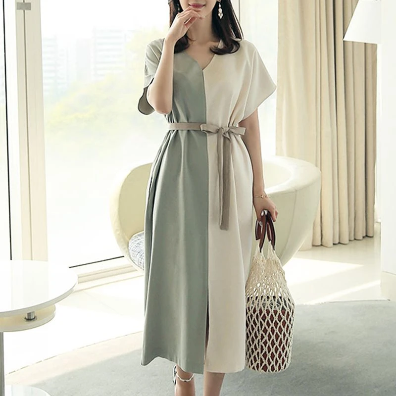 de verano Mujer de talla 2019 moda coreana Color menta Patchwork Casual Oficina elegante chic suelto Midi vestidos de manga corta|Vestidos| - AliExpress