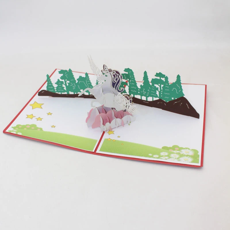  3D Handmade Color Print Cartoon Cloud-stepping Unicorn Paper Invitation Greeting Cards Postcard Kid - 33059742843