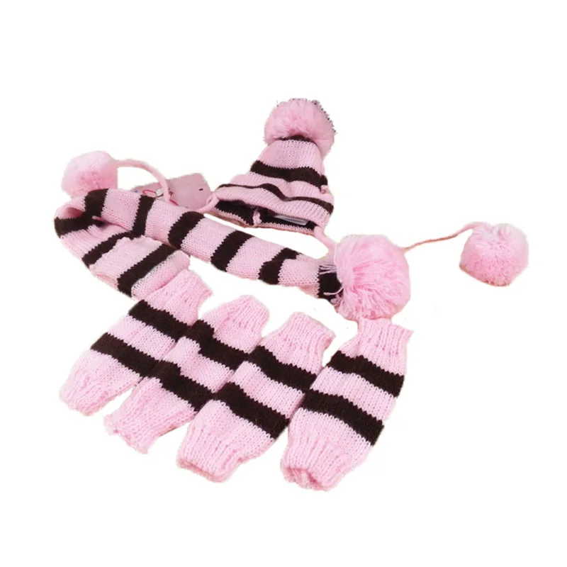 Sqinans 3pcs/set Winter Warm Dog Hat Knitted Scarf Socks Fashion Striped Pet Caps Puppy Neck Scarf Socks Christmas Pet Grooming