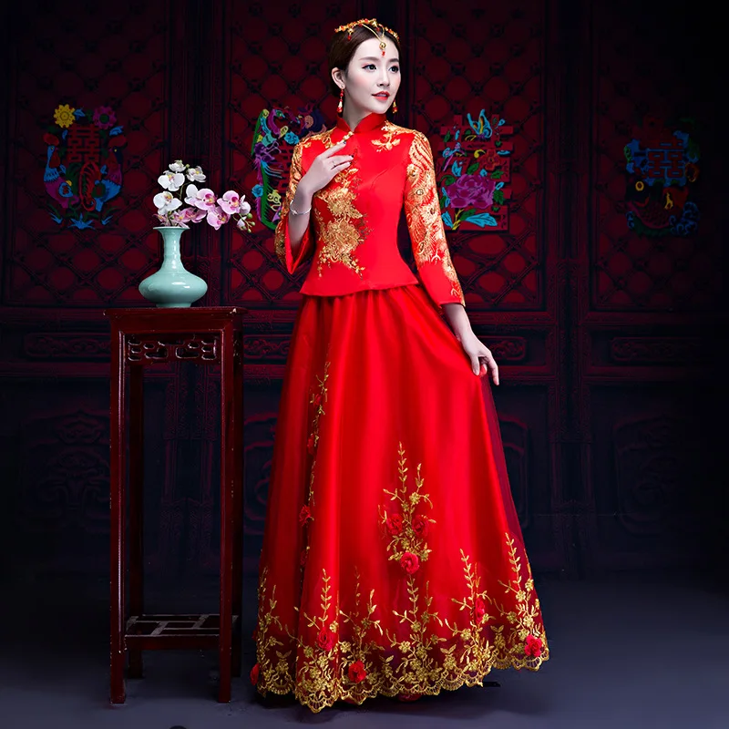 Красное свадебное платье традиционное китайское Qipao Национальный костюм для
