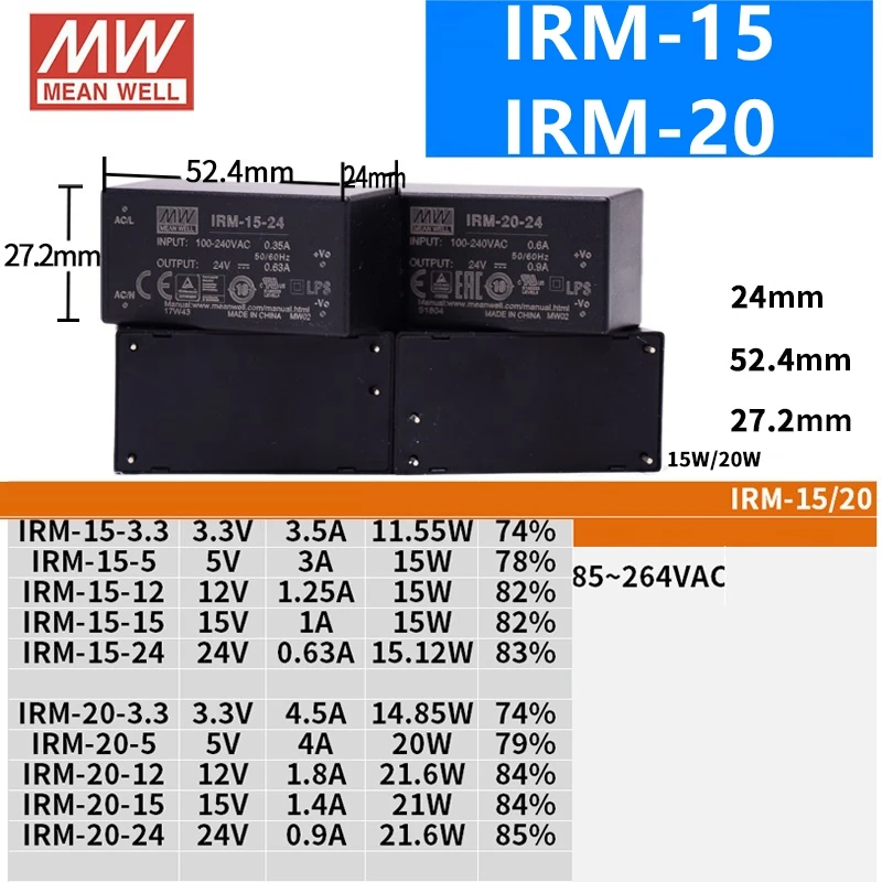 Бренд MEAN WELL представляет IRM-15 20 30 45 60 3,3 V 5V 12V 15V 24V 48V IRM-15-12 IRM-20-24 IRM-30-24 IRM-45-24 IRM-60 Мощность модуль