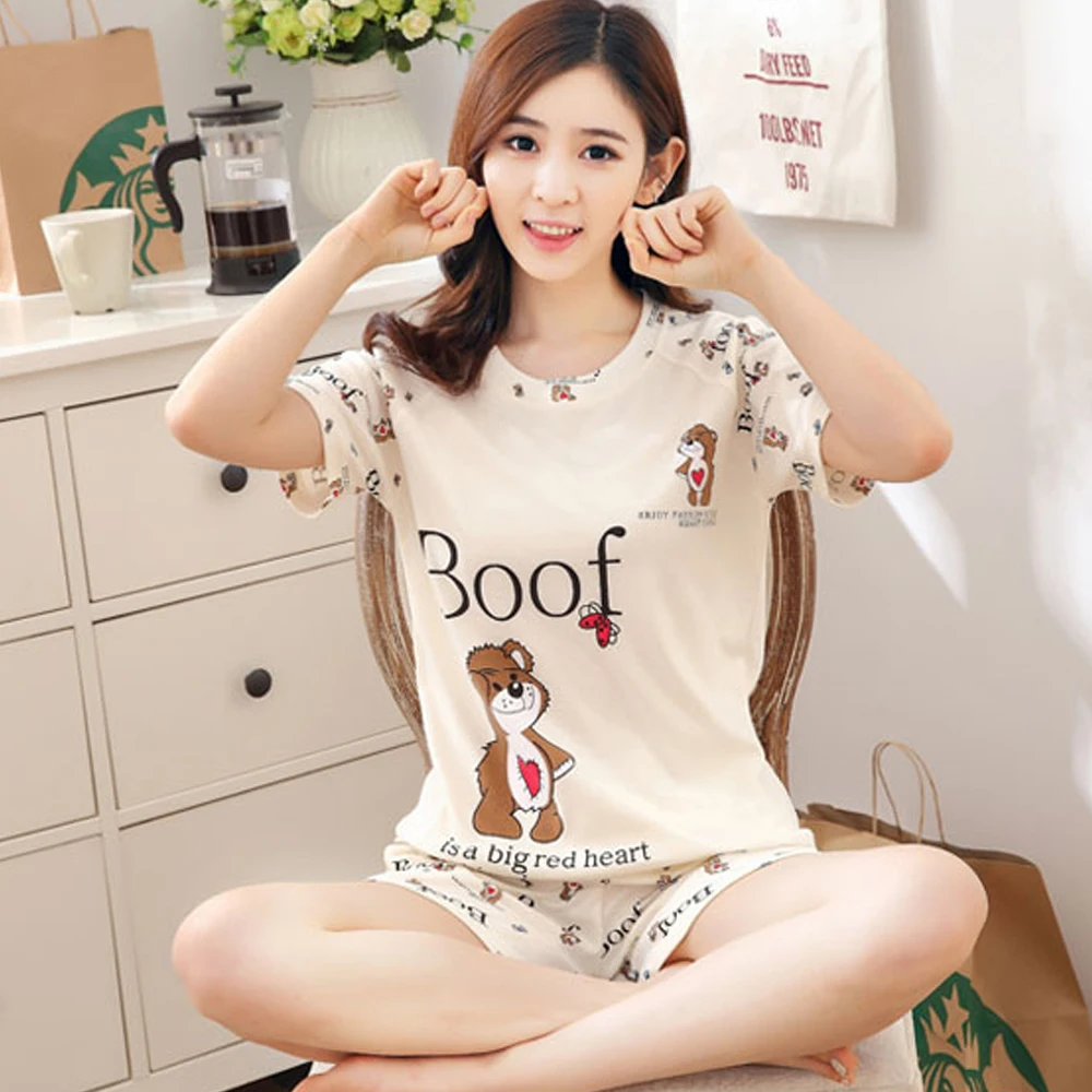 

2018 new summer women's short-sleeved pajamas suit printing home service ladies casual pajamas wholesale