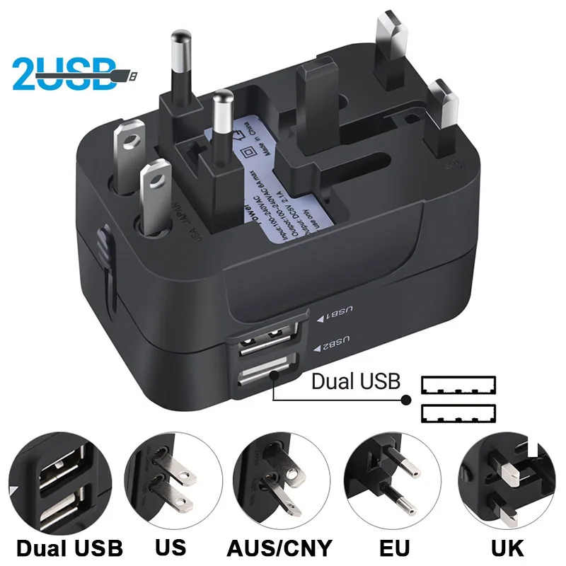 

Travel Adapter International Universal Power Adapter All-in-one Socket 2.1A Dual USB Worldwide Wall Charger For US/EU/UK/AUS