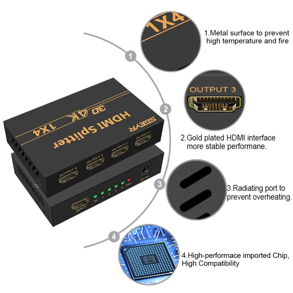 SGEYR 1.4v HDMI Splitter1X44Kx2K 4 Way HDMI Splitter 1 input 4 outputSupport HDMI 1.4HDCP4Kx2K3D&1080P For HDTV Projector