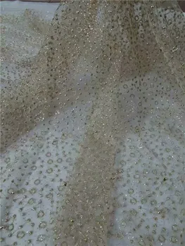 

Fashion party dress material gold French net lace fabric with glitters UN68(5yards/pc)