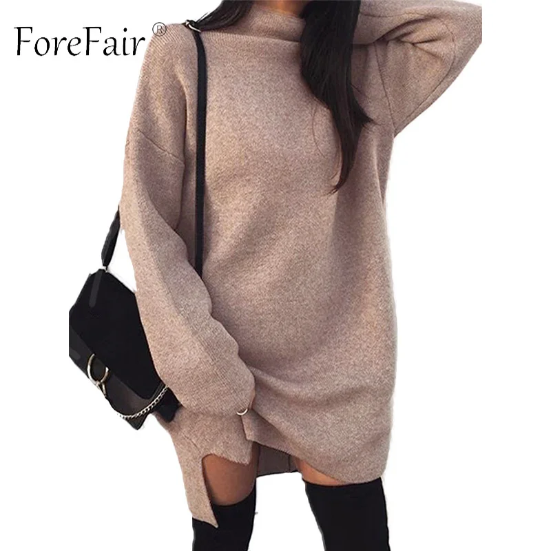 Koop Forefair Grote Maten Gebreide Winter Dress Vrouwen Zwart Roze Warm Elegantn Lange Mouwen Sexy Gebreide Trui Jurk