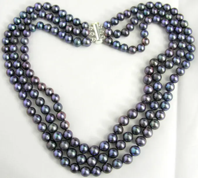 

FREE SHIPPING HOT sell new Style >>>> 3 Row Black 6-7mm Freshwater Cultured Pearl Necklace 17-19"